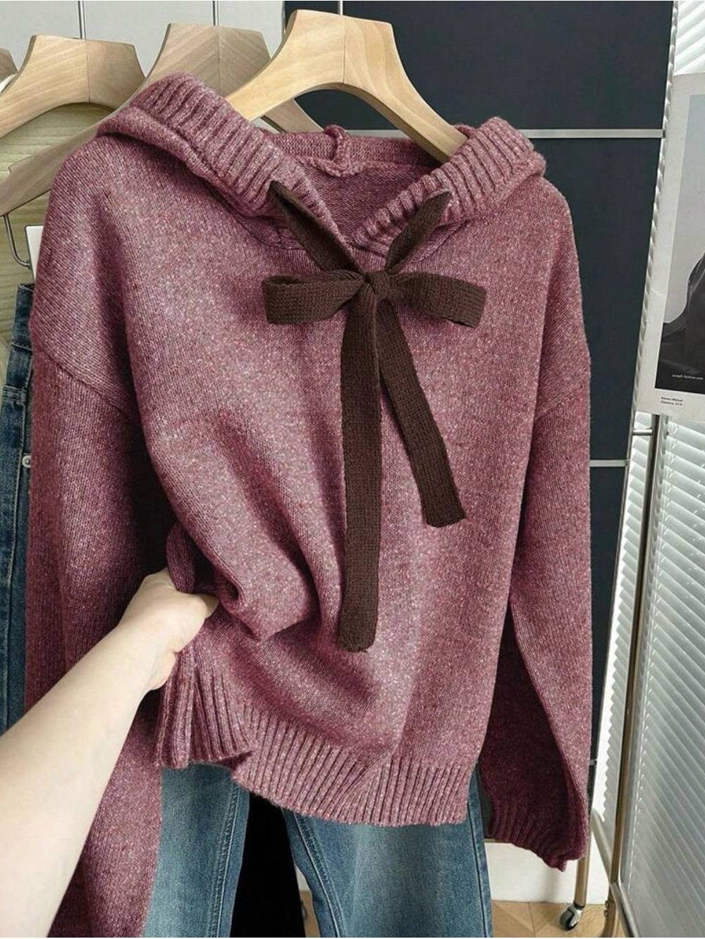Women's Hooded Knit Sweater with Bow Tie - Dusty Rose